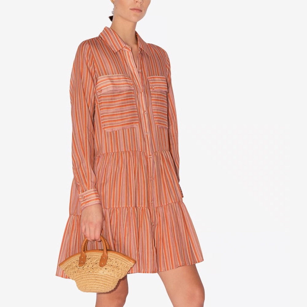 MAGALI PASCAL Talise Silk Voile Tier Shirt Dress Terra Cotta Stripe NWT $450 XS